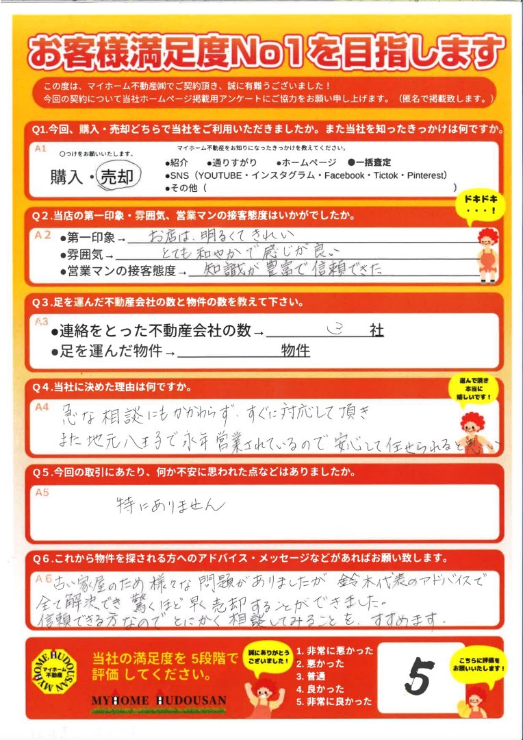 売却 専任媒介 八王子市 様々な問題がありましたが鈴木代表のアドバイスで全て解決でき、驚くほど速く売却することができました。