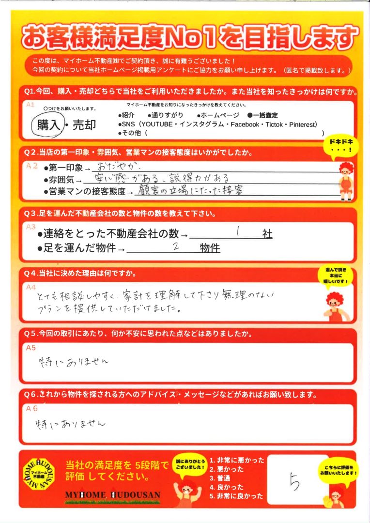 購入 建築条件付き売地 とても頼りになり説明が丁寧で、安心して相談できました。