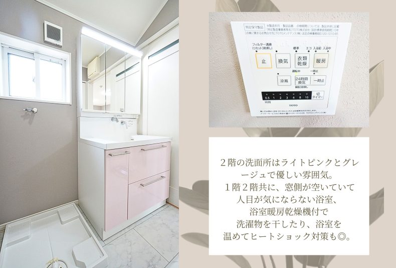 投資しながら住める家　２Ｆ洗面所の説明画像。洗面所の写真と浴室乾燥機のリモコンの写真画像。