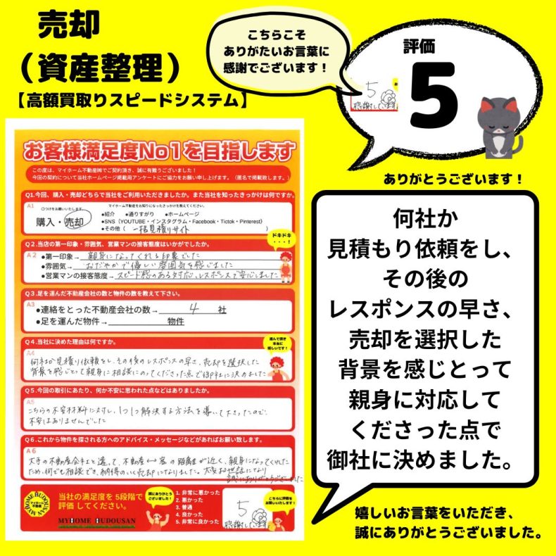 戸建売却　資産整理（高額買取スピードシステム）　八王子市　売却を選択した背景を感じ取って、親身に相談にのってくださった点で決めました。