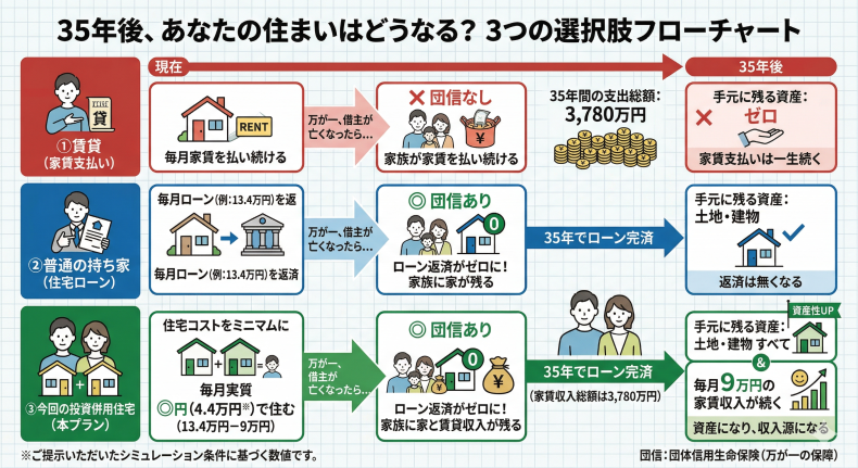 ３５年後、あなたの住まいはどうなる？賃貸・持ち家・この物件の場合のフローチャート。「団信あり・なし」「月々の支払い」「３５年後の支払い」をわかりやすい図解にしました。