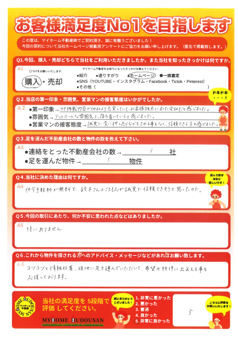 購入　八王子市　K様　マイホーム不動産はしつこい押し売りなどは一切無かったです